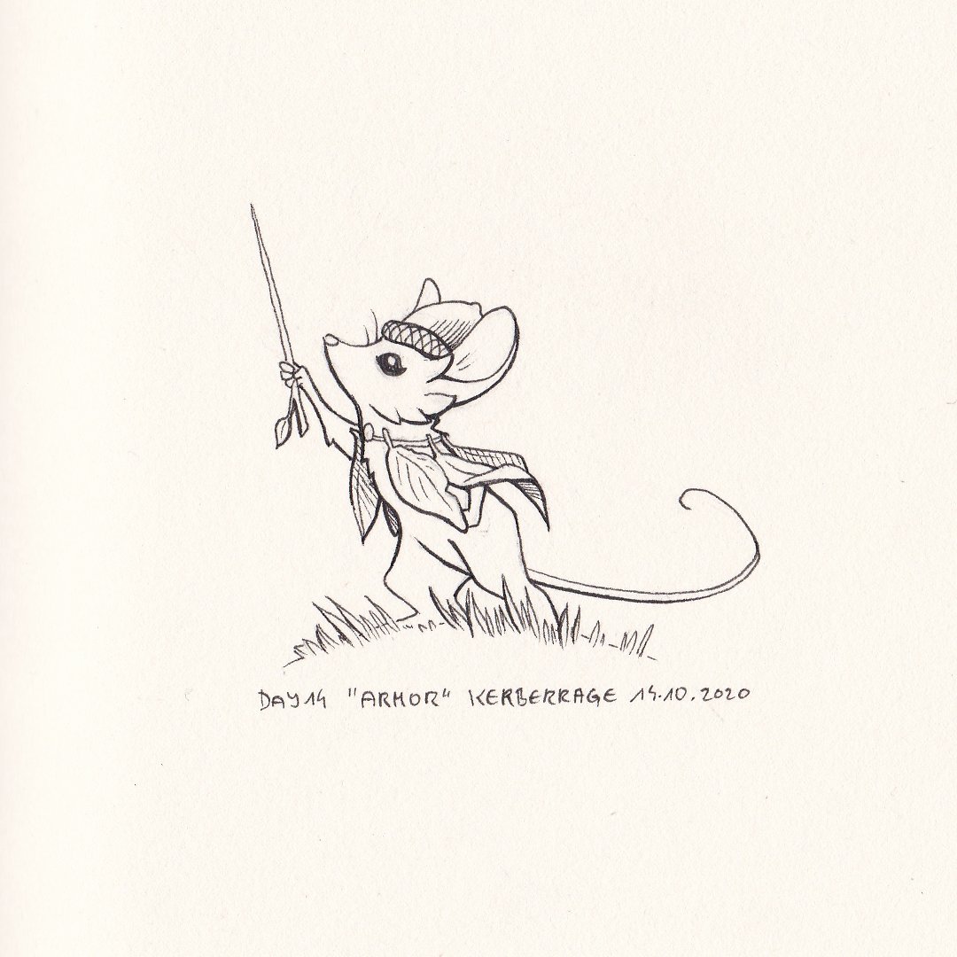Kerberrage's tweet photo. I wanted to make an orc with giant shoulder pads but had not enough time. So here is a little mouse with leaf armor and acorn helmet 😃 #inktober #inktober2020 #inktober52 #inktoberarmor #inktober2020armor #armor #mouse #leafs #acorn #mousewarrior #art #ink #traditionalart https://t.co/MQ4V6qPfgb