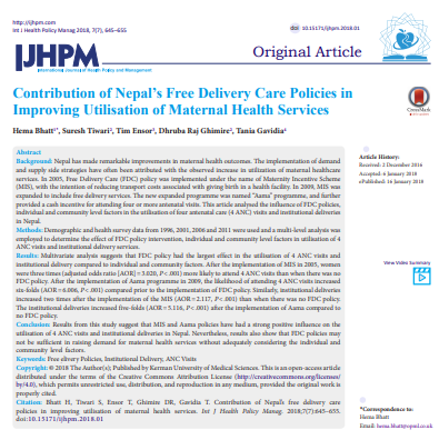 Contribution of #Nepal’s Free Delivery Care Policies in Improving Utilisation of Maternal Health Services

ijhpm.com/article_3452.h…

#FreeDeliveryPolicies #InstitutionalDelivery #ANCVisits #MaternalHealthServices #HealthPolicyAnalysis #HealthPolicy

dx.doi.org/10.15171/ijhpm…