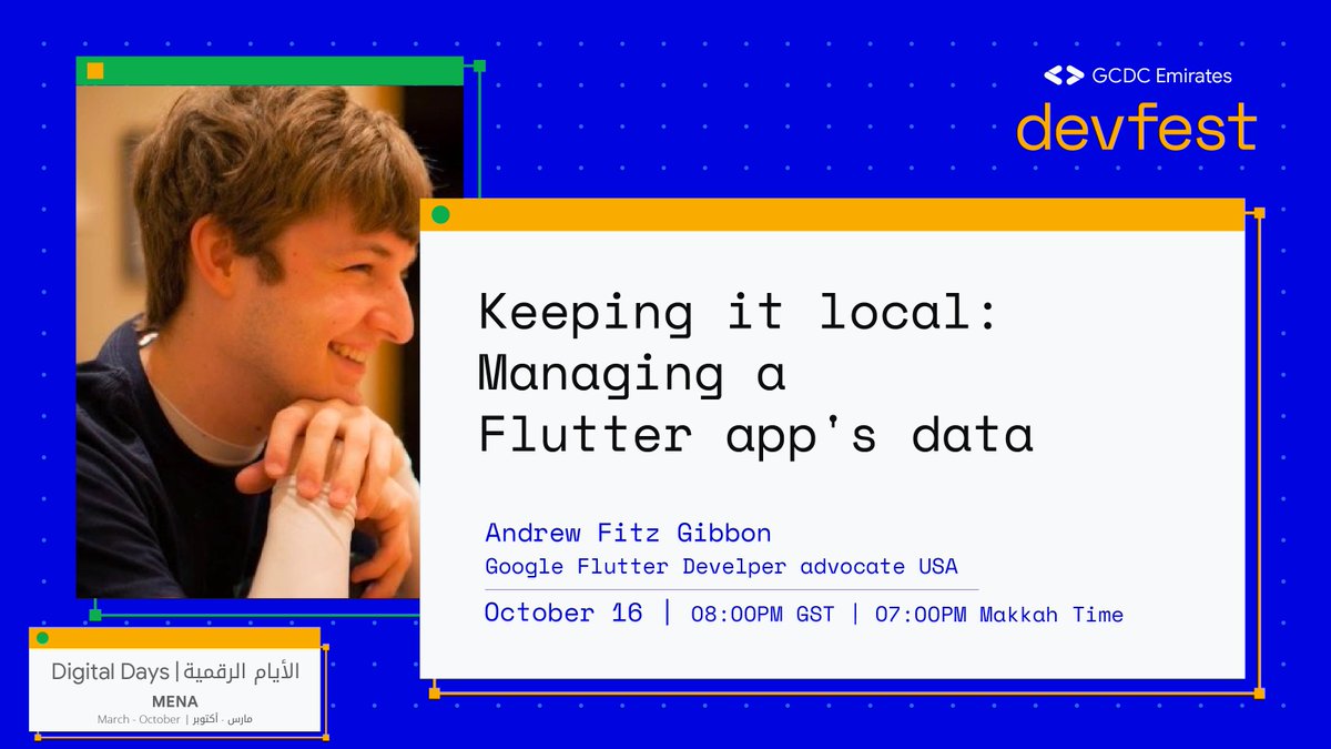 And finally it's #DevFest with our second speaker Andrew Fitz from <a href="/Google/">Google</a>'s <a href="/FlutterDev/">Flutter</a> team with an exciting session: "Keeping it local: Managing a Flutter app's data"

Join us live next Friday at 8PM Dubai Time on YouTube youtu.be/xjhxm3foCMk