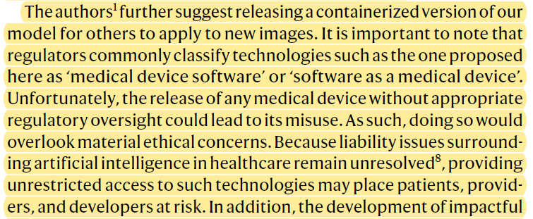 11/The most outrageous part of the rebuttal is Google's suggestion that releasing a version of their model one could test independently without "regulatory oversight" would be unethical because it might be misused.