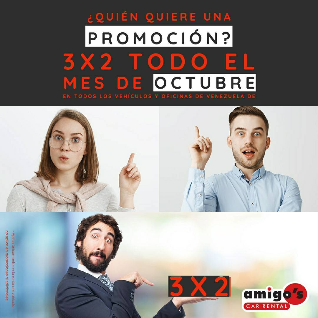 Así será tu cara de asombro cuando te digamos que continúa la promoción 3x2 todo el mes de Octubre en todos los vehículos y oficinas de <a href="/amigoscarental/">Amigo'sCarRental Ve</a>
¿Quién quiere una promoción?

Recuerda que puedes comunicarte con nosotros a través del 📱 Whatsapp (0426) 5190482 ⁣⁣