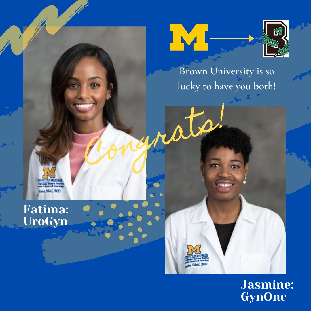 Happy #FellowshipMatch to these two rockstars! Dr. Fatima Jibrel matched into UroGyn and Dr. Jasmine Ebott matched into GynOnc at Brown! We are so proud of your hard work & excited to see where the rest of your journeys take you!! :) #GoBlue #deliveringvictors