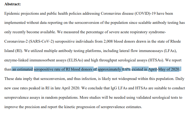 14/n And there are new errors as well. In this study of blood donors in Rhode Island, the authors estimate a seropositivity of 0.6%, while the review paper has 3.9% instead