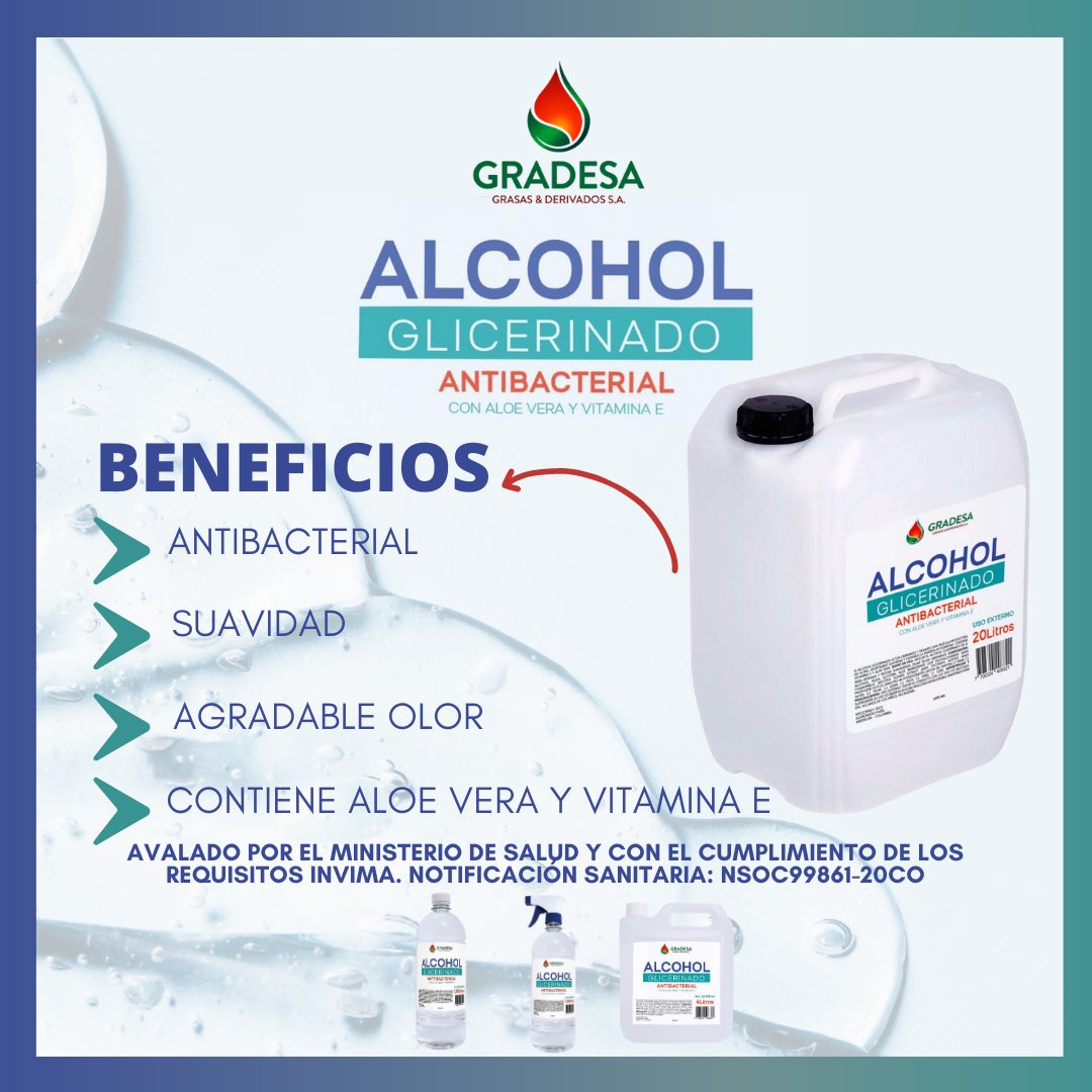 GradesaA's tweet photo. Te presentamos nuestro alcohol glicerinado antibacterial con aloe Vera y vitamina E🤩
Conoce sus beneficios y sus 4 presentaciones✔️
.
#SomosGradesa #EvolucionamosNaturalmente #GradesaSA https://t.co/kVBvHlplg8