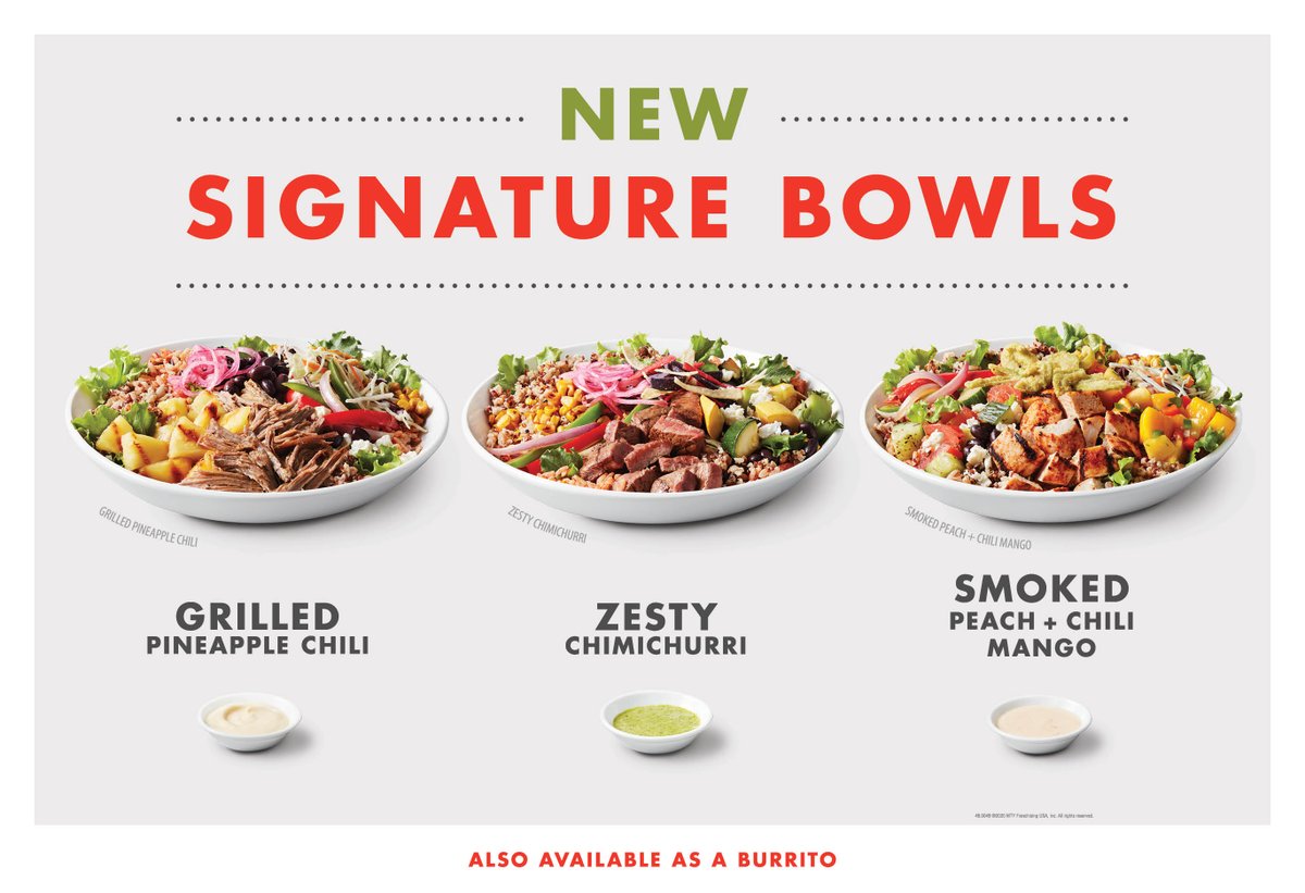Try our NEW seasonal Signature Bowls. Pick from the Grilled Pineapple Chili, Zesty Chimichurri and the Smoked Peach + Chili Mango!
