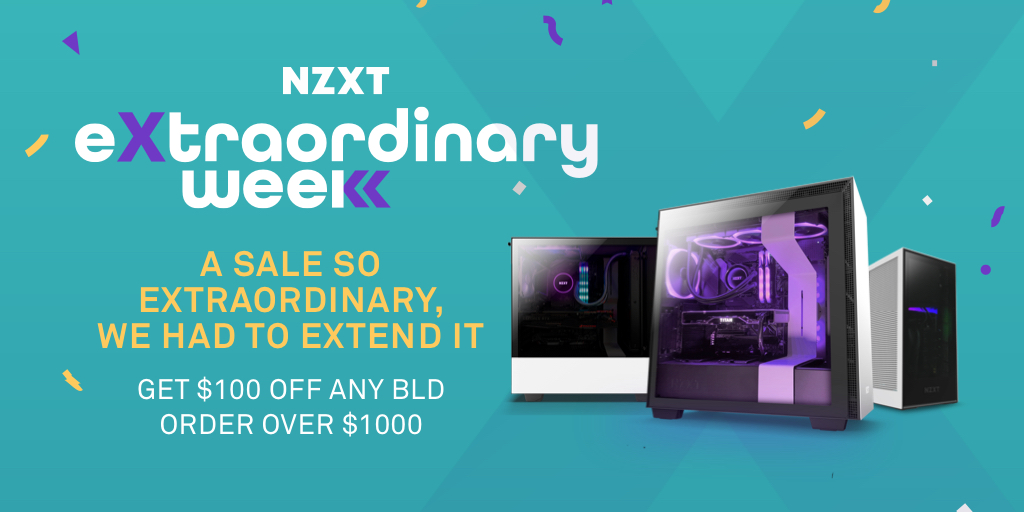 NZXT's tweet photo. Good news! 🎉
By popular demand, we're extending our #ExtraordinaryWeek sale through tomorrow!
Shop at https://t.co/EsGmsPR6Vo and get $100 off every PC over $1000 before it's too late! https://t.co/gbU64a4hrN