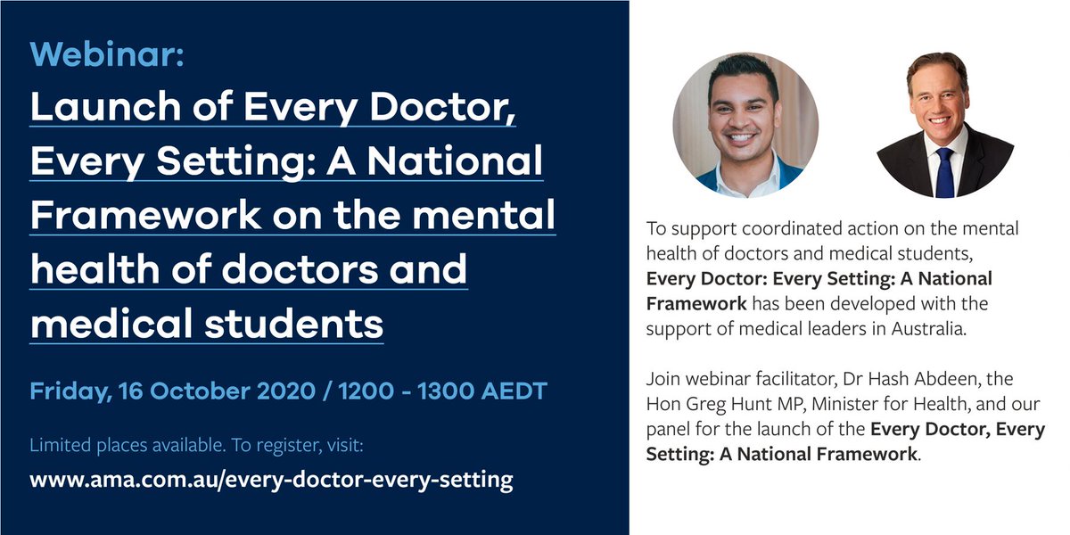 This webinar will discuss how #EveryDoctorEverySetting can support significant reform to support the #mentalhealth and wellbeing of doctors and medical students over the long term. 

Learn more: ama.com.au/every-doctor-e…

@GregHuntMP <a href="/ama_media/">AMA Media</a> <a href="/drs4drs_Aus/">Doctors Health Services Pty Ltd</a> #PreventionHub