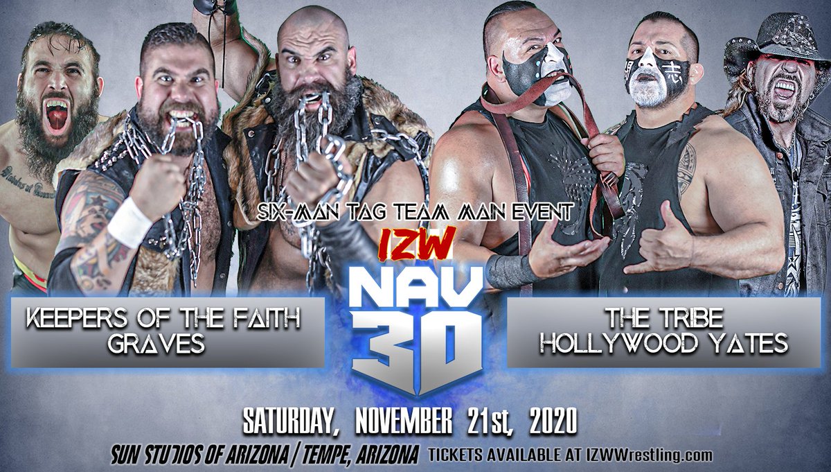 IZWWrestlingAZ's tweet photo. 🚨 MAIN EVENT ANNOUNCED 🚨
As chosen by the man himself, The Navajo Warrior will team with Tribe tag team partner The Hawaiian Lion and Hollywood Yates to battle The Keepers Of The Faith (Dom Vitalli &amp; Gabriel Gallo) and Graves in the main event.

Tickets: https://t.co/gi9m5Nn0x1 https://t.co/tiKRBgFmRb