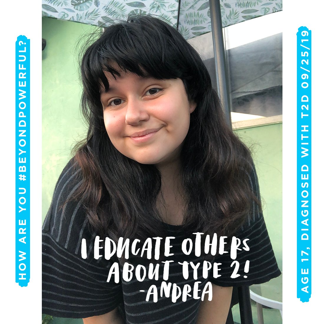 BeyondType2's tweet photo. "While being young + having #T2D can challenging, I still try new things, stay healthy, and am strong enough to admit it’s easy to get discouraged at times. In the end, it’s all about picking yourself up." - Andrea lives #BeyondPowerful with Type 2 diabetes. https://t.co/dpsrz2hWpY