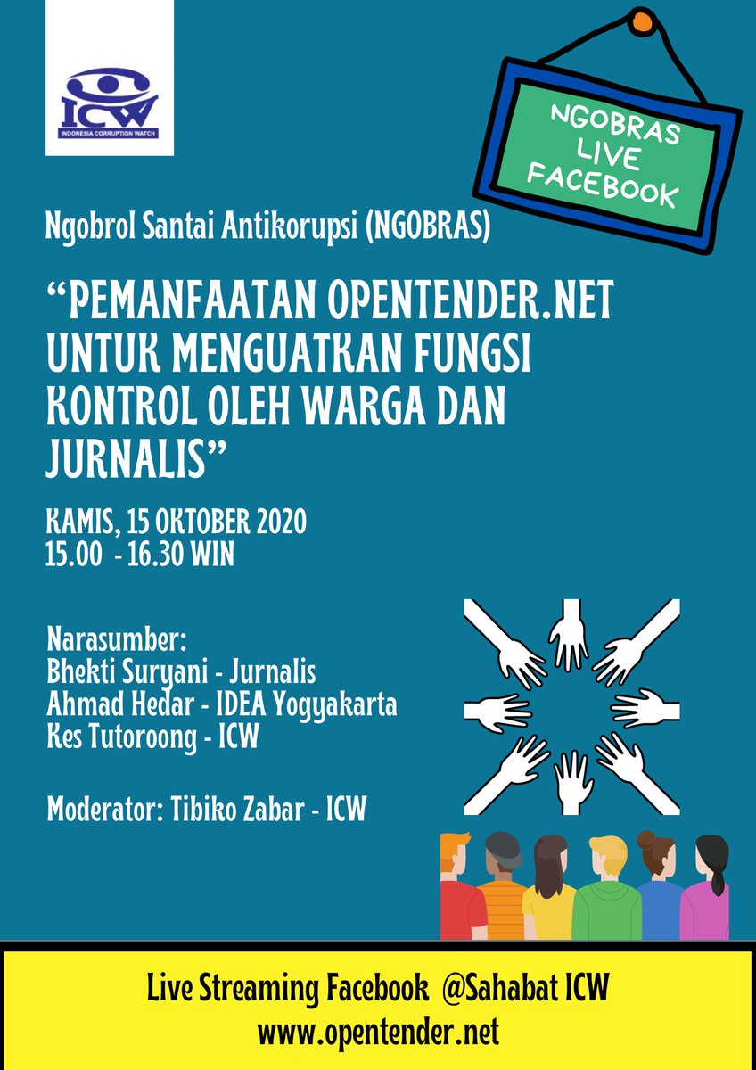 antikorupsi's tweet image. NGOBRAS “Pemanfaatan Opentender.net untuk Menguatkan Fungsi Kontrol oleh Warga dan Jurnalis”.
Live streaming dari Facebook ICW facebook.com/antikorupsi.or… 
#opentender #keterbukaankontrak