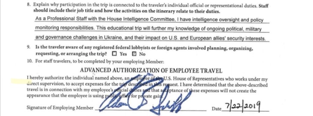 Here’s Adam Schiff’s signature authorizing travel to the Ukraine. He was actually going to dinners & meetings regarding aiding the Ukrainian government w U.S military support against Russia. Many meetings involved Igor Pasternak CEO of Worldwide Aeros Corp a defense manufacturer.