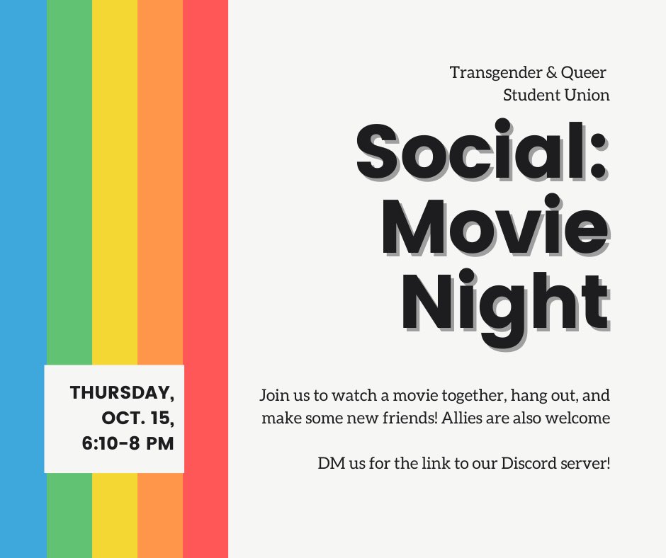 🏳️‍🌈 Join us tomorrow, Thursday Oct. 15 from 6:10-7 pm to have a movie night! DM us to get the link to our Discord server. Hope to see you there!! 🏳️‍🌈
-
#calpolyslo #calpolytqsu #cpslo