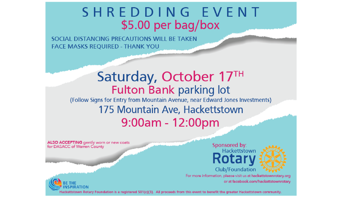 HtownRotary's tweet photo. Hackettstown and community - This Saturday  - bring your documents for shredding.  Also collecting gently worn or new coats for @DASACCWCNJ #hackettstown #warrencountynj #Rotary #documentshredding https://t.co/obksIjFzQQ