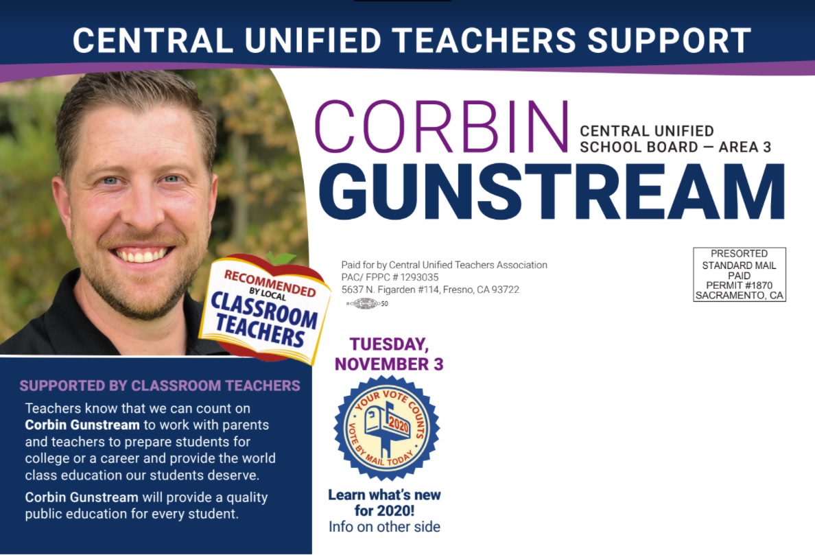 CUTAStrong's tweet photo. CUTA has endorsed Corbin Gunstream for Central Unified School Board - Area 3.  Please vote! https://t.co/B7UxvztMvG