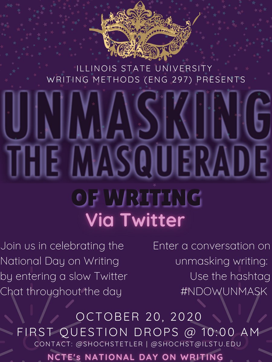 shochstetler's tweet photo. ๐ฃ๏ธELA preservice teachers, teacher candidates, and student teachers: join #IlstuEngEd #ENG297 writing methods on 10/20 for a TC-moderated slow chat for #ndow #whyiwrite. Q1 appears at 10am CDT w/ Qs continuing through the day. Follow #NDOWUNMASK ๐๐๐ป๐ฒ @ncte_elate https://t.co/YFGcHSxSrn