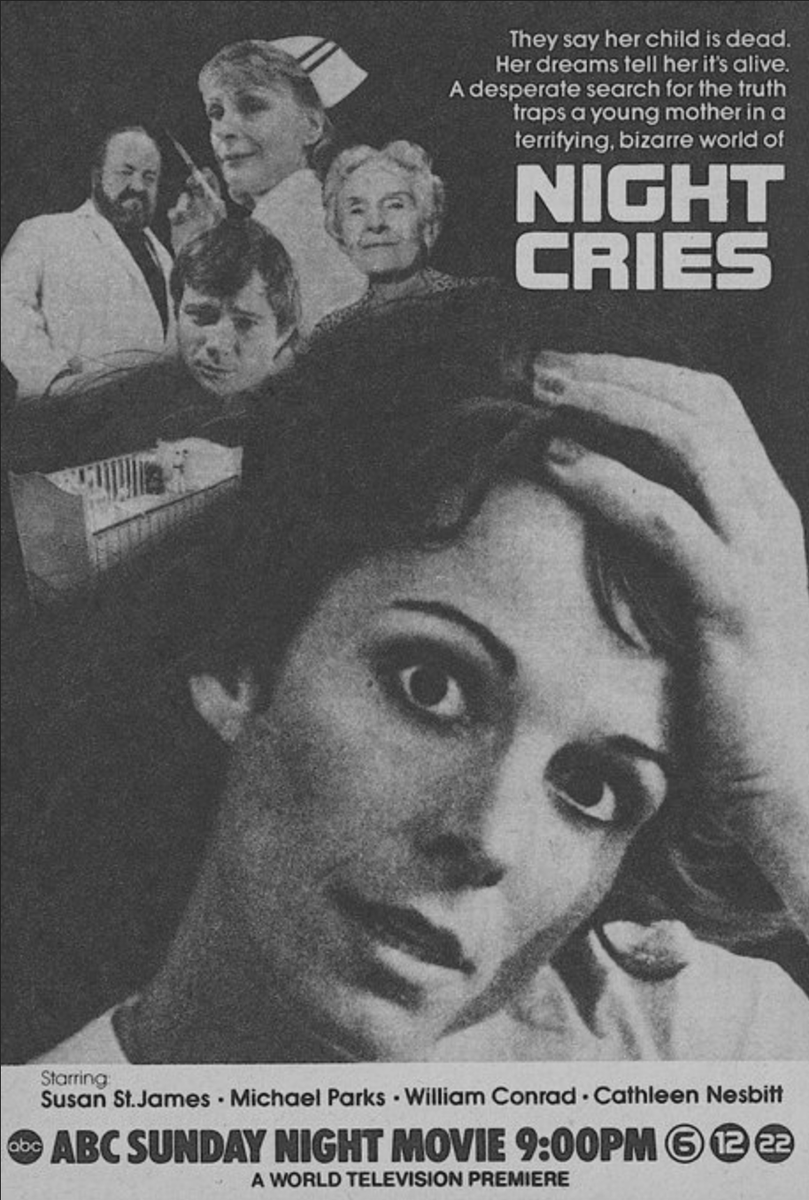 Day 14 of the  #31DaysofTeleterror celebrates Night Cries (1978), featuring Susan St. James as a woman who's told her baby died. After a series of disturbing dreams she begins to believe her daughter is still alive. On the surface, it feels like a female hysteria flick... (1/2)