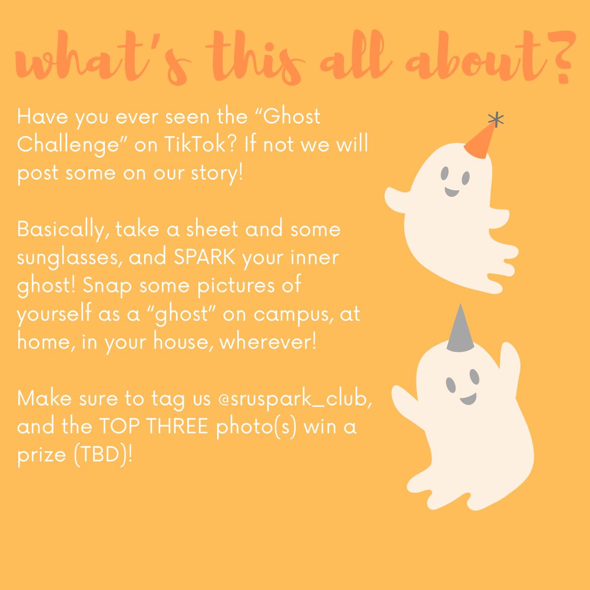SPARK_SRU's tweet photo. EVENT COMING UP! this is open to all at SRU, so #spreadtheword! we are putting a spin on TikTok’s ghost challenge. starting mon, oct 19, we want YOU to grab a sheet &amp; snap some pictures, “SPARKING” your inner ghost! make sure to tag us! check out our IG for more! @slipperyrocku https://t.co/GBg67VPeN5