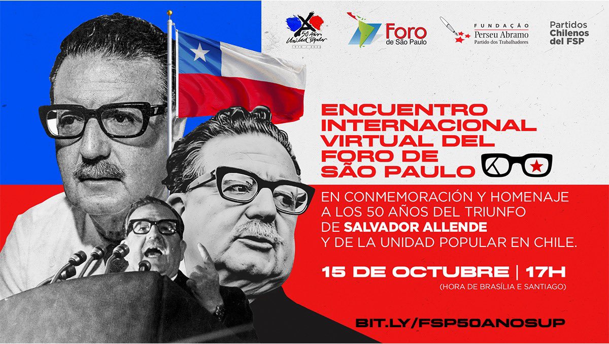 ¡Mañana! Encuentro Internacional Virtual del Foro de São Paulo en conmemoración por los 50 años del triunfo del Presidente Salvador Allende y la Unidad Popular.

⏰ 17:00 hrs.

🎥 Link: bit.ly/FSP50anosUP