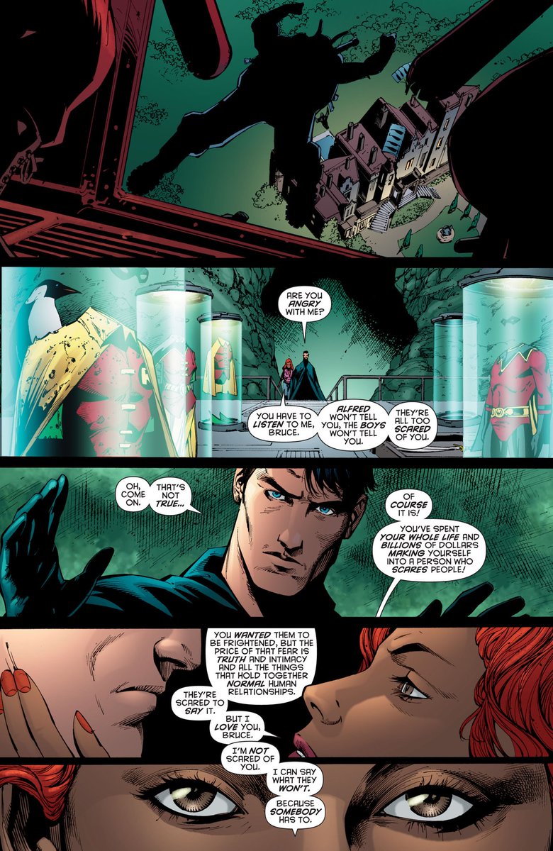 This whole sequence was a long time coming. Bruce finally having to confront what Batman is, all if his insecurities being voiced by someone he loves, him having to see the ways his symbol fails.