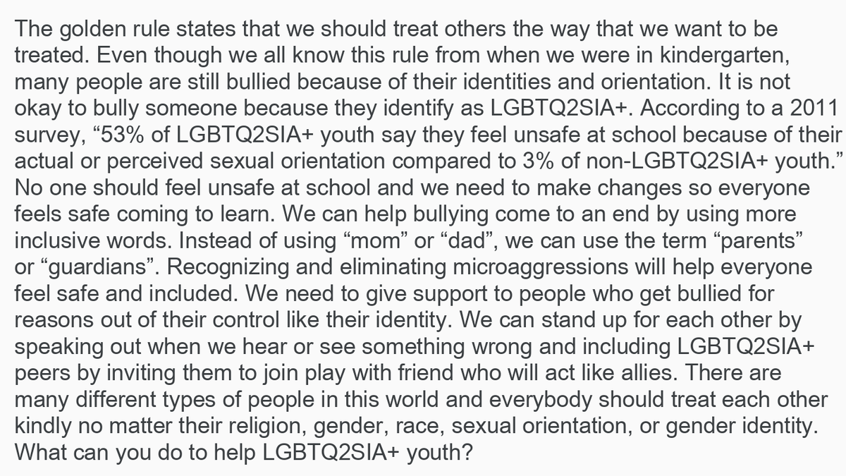 Students read statistics based on experiences of Canadian LGBTQ2SIA+ youth and anonymously asked questions or shared something new they learned. We then co-wrote a paragraph about how to stop bullying of their LGBTQ2SIA+ peers. <a href="/EVS_YRDSB/">EVS</a> #SpiritDay #SpiritDay2020 <a href="/glaad/">GLAAD</a> #NOH8