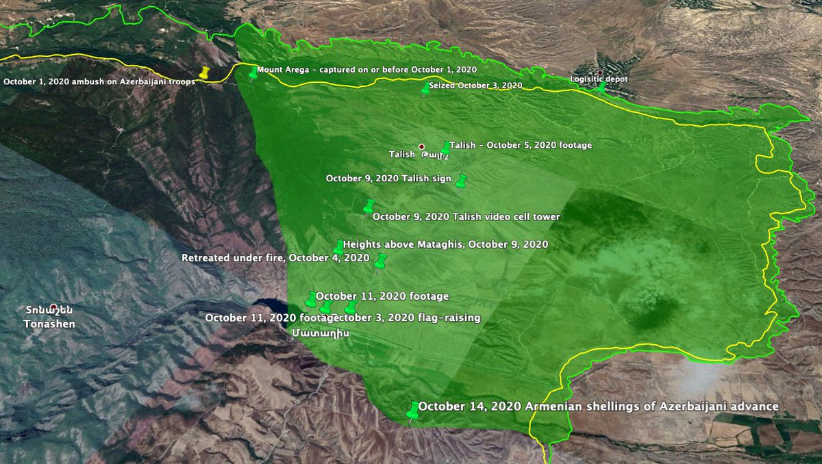 Film shows aftermath of an ambush in the mountains west of Talish that killed dozens of Azerbaijani troops, first seen in a video published by the NKR Army on October 1 [] - means that Mount Arega was captured on or before October 1  https://twitter.com/RALee85/status/1316411819976777728