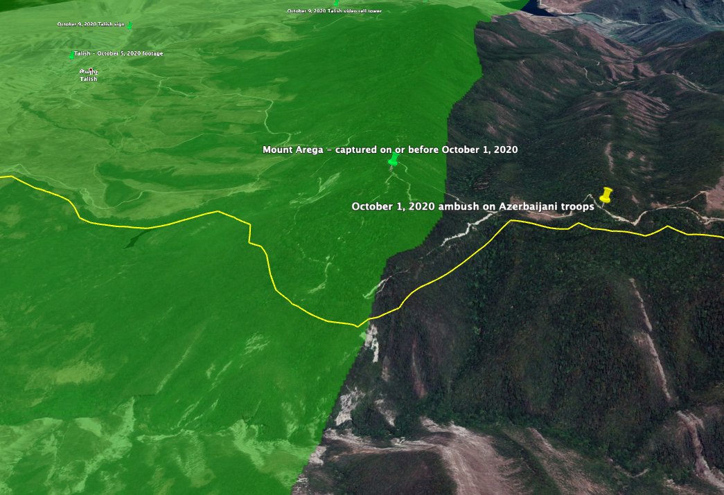 Film shows aftermath of an ambush in the mountains west of Talish that killed dozens of Azerbaijani troops, first seen in a video published by the NKR Army on October 1 [] - means that Mount Arega was captured on or before October 1  https://twitter.com/RALee85/status/1316411819976777728