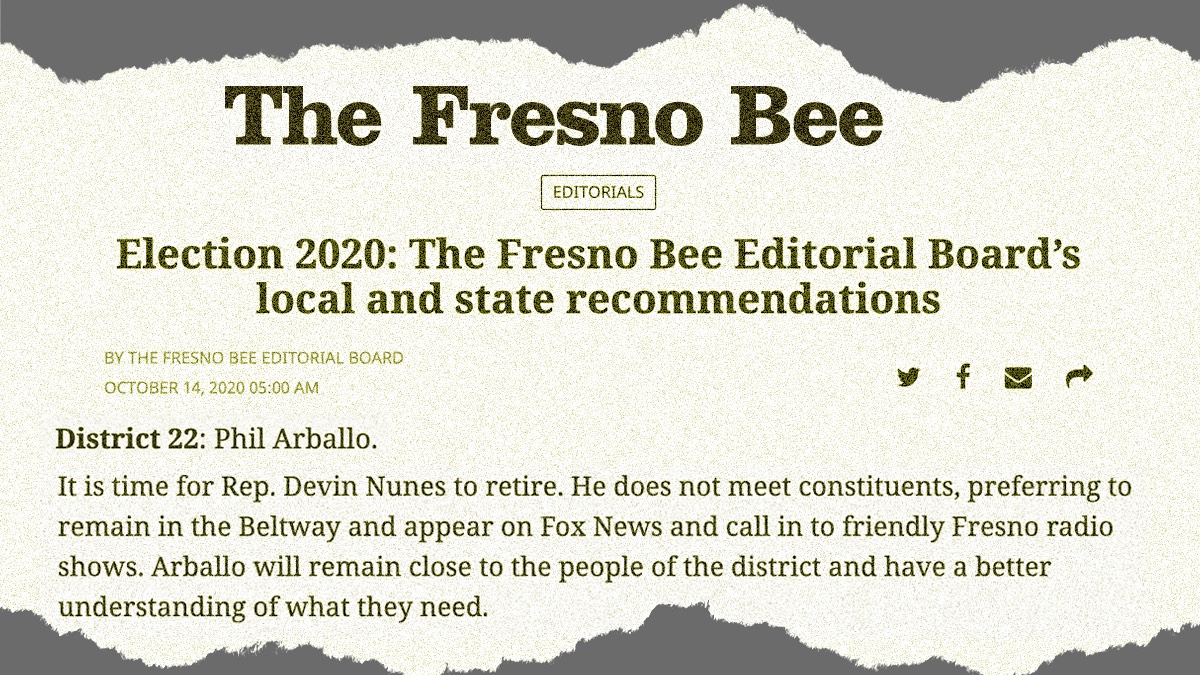 PhilArballo's tweet photo. Proud to have the endorsement of our local paper, the @FresnoBee! Change is coming to the Central Valley, Devin Nunes' time is up. https://t.co/2REl8FiBnt
