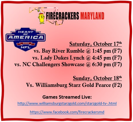 firecrackers_md's tweet photo. This weekend #FirecrackersMD 18U will compete at the @HFLfastpitch Mid-Atlantic Showcase. A great schedule with some tough teams - we'll be playing at Dorey Park in Henrico, VA. Watch live via Starz Gold TV: https://t.co/9Cyuv0ssHU or FB Live: https://t.co/ZOHuUvq5Fd https://t.co/LF7Gag9n22