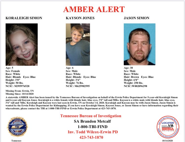 MORE: Koraleigh and Kayson were last seen earlier today in Erwin. 38-year-old Jason Simon is the non-custodial father of both children. He's charged with kidnapping. At this time, we do not have a vehicle description to pass along. Call 1-800-TBI-FIND with info. #TNAMBERAlert