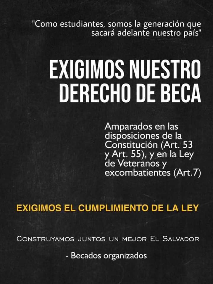 BecariosY's tweet photo. Las becas de los hijos de veteranos Y excombatientes estan detenidas sin muestras de avances o intenciones de cumplimiento de la ley, se supone que la apuesta de este #Gobiernoes la educación solo es palabras de #nayibbukele #Marioduran #ministeriodegobernacion #PaguenlasBecasYA https://t.co/wpPRaXrde0