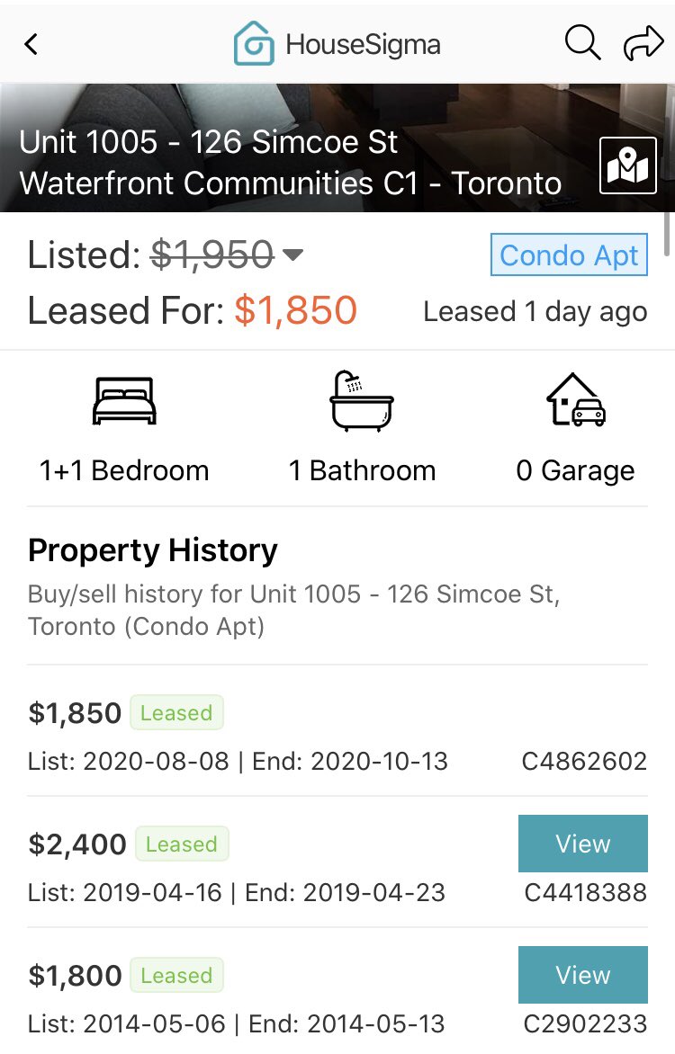 Check out this 1+1 Toronto Condo is the heart of the financial district that was just leased for $1850, which is only $50 above 2014 leased price & 23% ($550) below 2019In REAL terms, this condo is much cheaper to rent today vs 2014!!While expenses rise > inflation  #cdnecon
