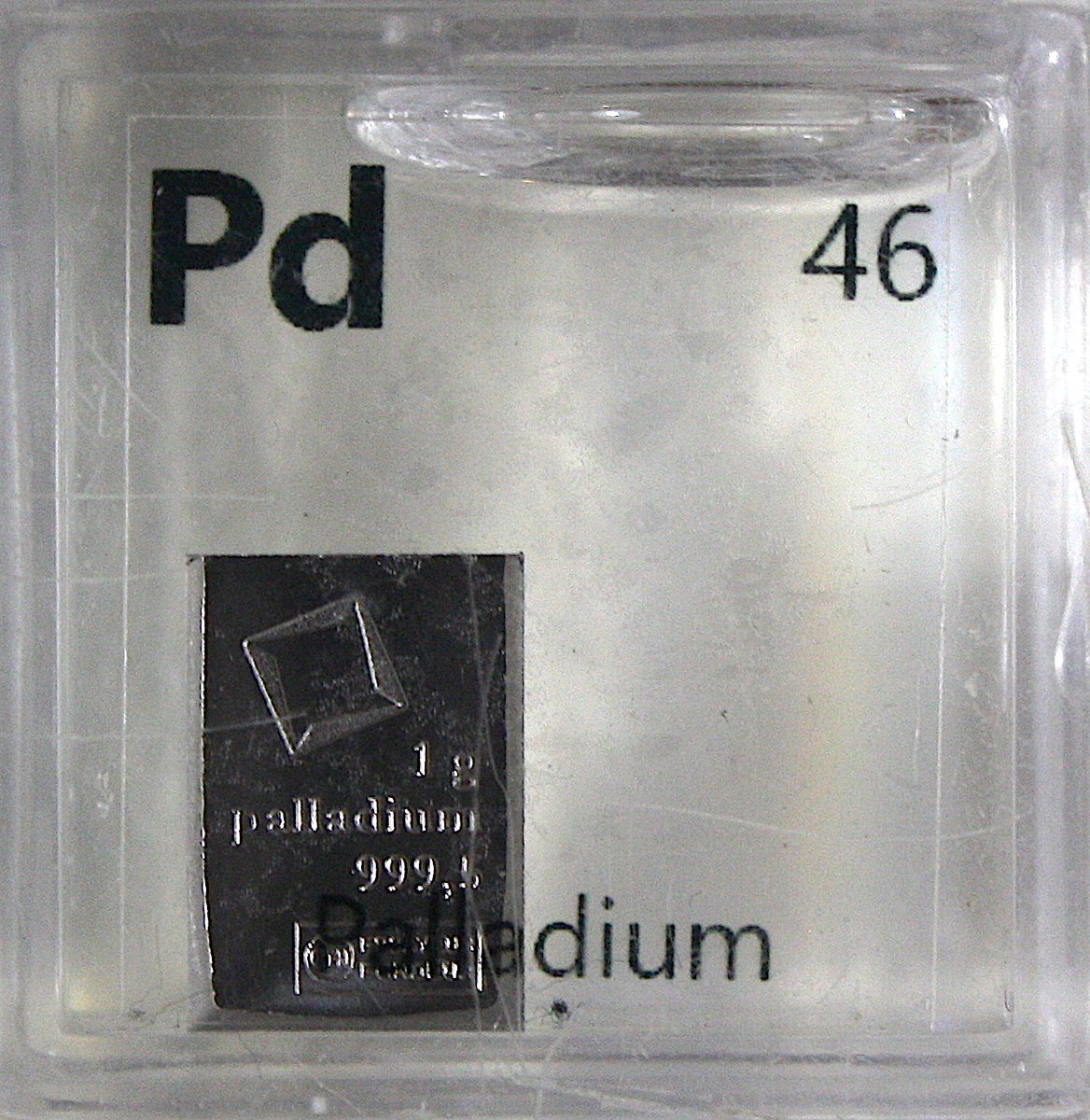 Palladium  #elementphotos. Red compound is potassium palladium chloride (K2PdCl4). The value of Pd has soared past the traditionally more expensive Pt in recent years due to its use in catalytic converters.