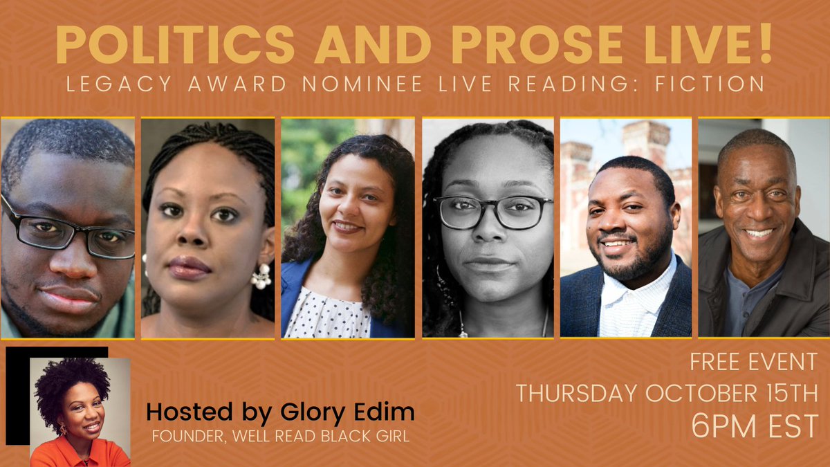 HurstonWright's tweet photo. TOMORROW join us for @PoliticsProse Live!

Hosted by @guidetoglo, this FREE event features Legacy Award fiction nominees who will read from their nominated works. 

@siondayson @RonAAustin4 @KalishaOnline @ReeAmilcarScott @MWilkers13 #JeffreyColvin

RSVP: https://t.co/uRIDLyY9uq https://t.co/Q8xv0TwWMy