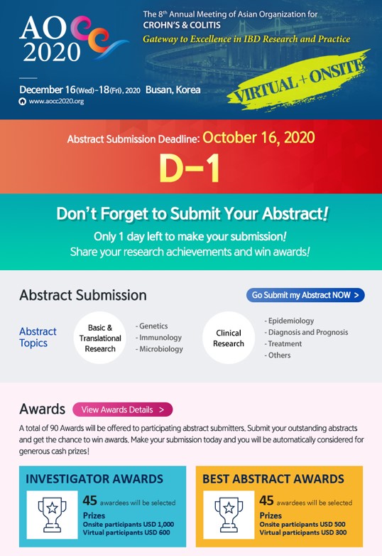 2020Aocc's tweet photo. Only 1 day left to make your abstract submission! Don't forget to submit your abstract. Share your research achievements and seize your last chance to win awards! You can submit it via the link below. https://t.co/BvbzPRDI98 https://t.co/SNnekY4gAv