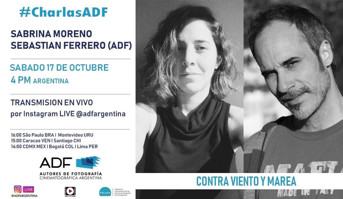 #CharlasADF Este sábado 17 de octubre a las 4 pm ARG en vivo por el IG de ADF estarán Sabrina Moreno y Sebastián Ferrero (ADF). Les esperamos!!

#cineliveguide #FELAFC