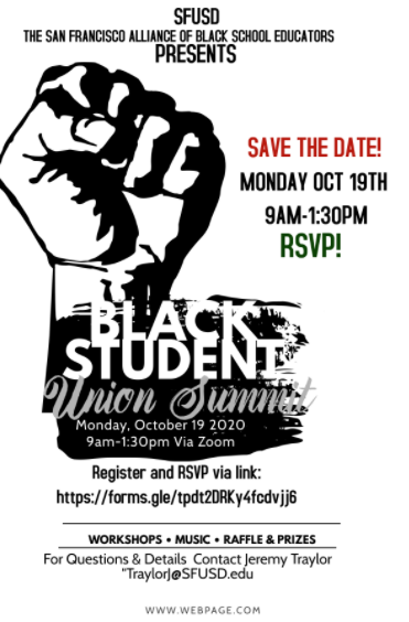 SFUnified's tweet photo. SFUSD students and staff are invited to attend the virtual 11th Annual Black Student Union Summit on Monday 10/19.  ✊🏽✊🏾✊🏿 Register by tomorrow to reserve your spot! https://t.co/aiXzMHoYDy https://t.co/JRVoY3ETix
