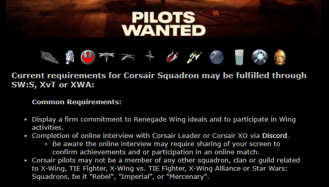 RenegadeWing's tweet photo. Would you like to fly with Renegade Wing? Corsair Squadron has new joining requirements based on #StarWarsSquadrons, in addition to the existing XvT and XWA reqs. Find out more: https://t.co/TKkr2Q0VpT 

Just a heads-up: don't be surprised when you meet Corsair's OC! 😉 https://t.co/FmTRLKDhbo