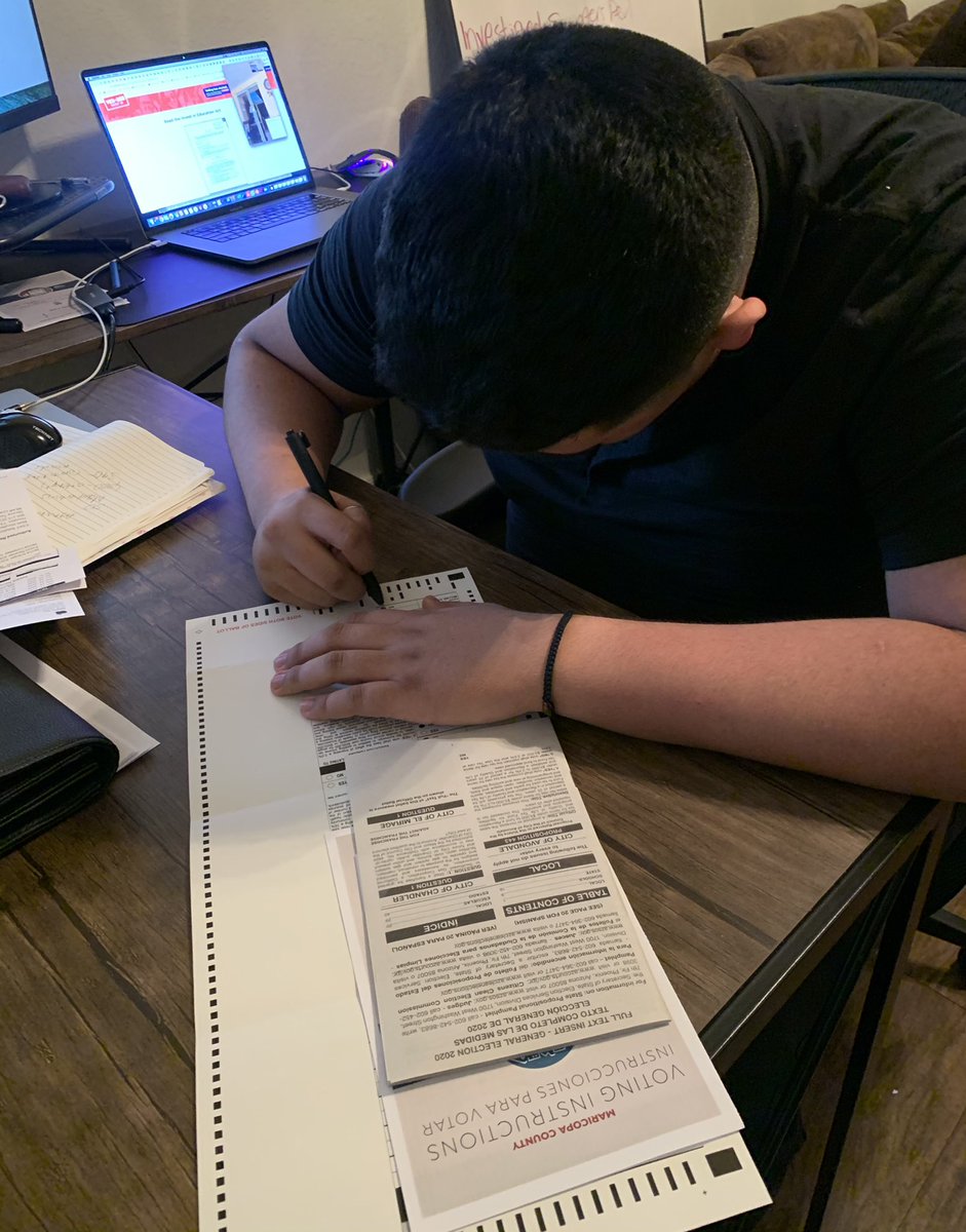 gfmonsalvo's tweet photo. Exciting to see my brother vote for the first time! He’s been volunteering in campaigns with me since he was 12 so he knows the importance of being a #FirstWeekVoter for @JoeBiden @KamalaHarris @CaptMarkKelly and @investinedaz 👏🏼 https://t.co/KYK63uaL63