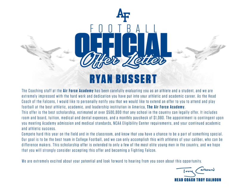BussertRyan's tweet photo. Beyond blessed for this full ride scholarship to play football for the Air Force Academy!! Thank you for this opportunity to do two things I love, play football, and serve my country!! 
⚡️🇺🇸✈️ #LetsFly @CoachLobotzke @CoachTCalhoun @KICKNATION https://t.co/Eu2IlV9W0n
