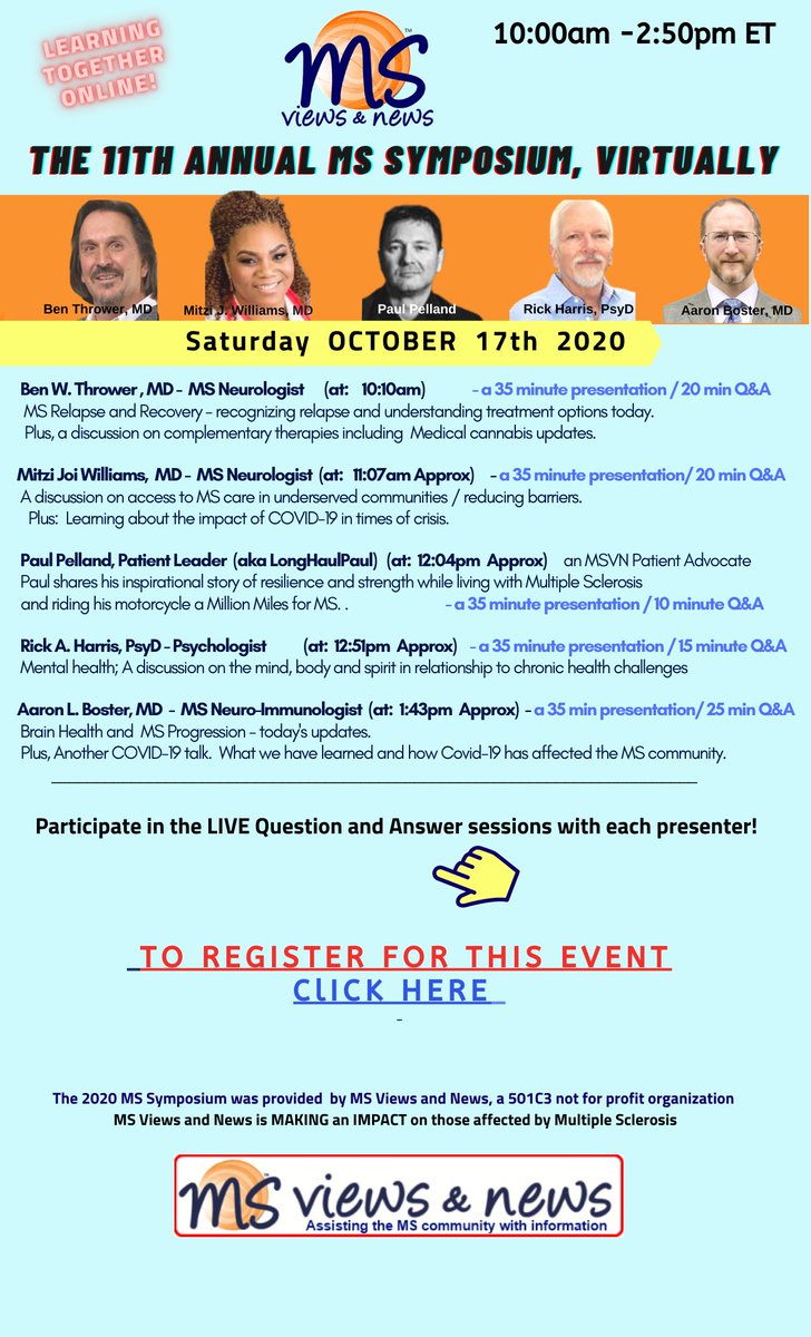 MSViewsandNews's tweet photo. For all affected by #MultipleSclerosis. Join us for the 2020 MS Annual Symposium, Virtually. - See Program flyer, found attached. RSVP here: https://t.co/izHxh8am9Z -  
Supported by: #Genentech; #Biogen; #BristolMyersSquibb and #Mallinckrodt
Provided by: #MSViewsandnews.org 
~~~ https://t.co/Agm5QAIX8S