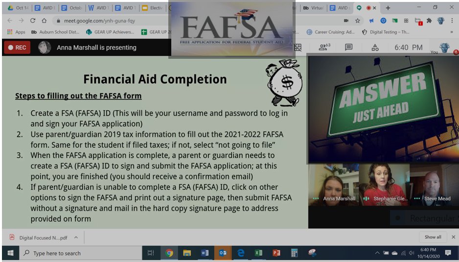 ASDCCR1's tweet photo. Kudos to the College Counselors from @AuburnSD who adapted their supports for financial aid application completion (@FAFSA and WASFA) to online. By providing their presentation and Q&amp;A this morning and evening, they served over 100 families. Individual appointments available too. https://t.co/iFsofvBK2N