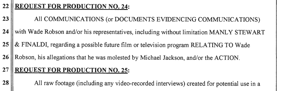 The estate has requested through subpoena (Part 3):- All communications explaining "photos, audio clips, video clips, letters, faxes, gifts, mementos, memorabilia" supplied.- All communications that "relate to the need to re-shoot, re-create, re-stage" any interview ().