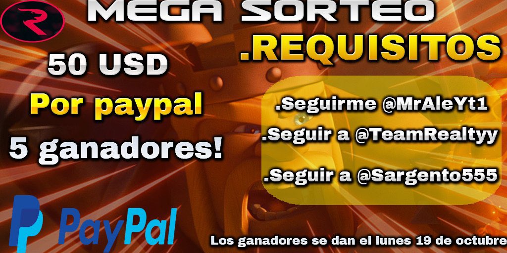 ☘️MEGA SORTEO DE 50USD PAYPAL X5 GANADORES ☘️

🔥REQUISITOS🔥

SEGUIRME:

▶️Seguir a <a href="/TeamRealtyy/">Team Realty</a>

▶️Seguir a <a href="/Sargento555/">Realty Sargento 🐺</a>

▶️ DAR RT Y FAV 😏

Ganadores El Lunes 19 De Octubre!🌶