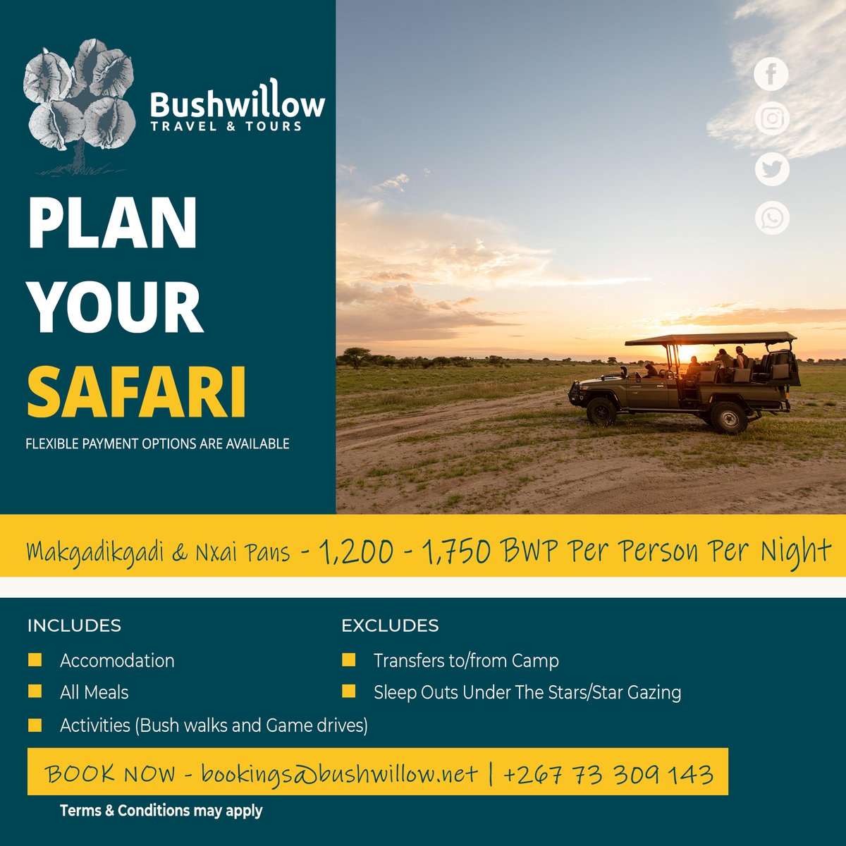 Catch these crazy deals before 16th December 2020 😎
#botswana #botswanatourism #ilovebotswana #safari #travel #bushwillowtravelandtours #pushabw #maun #okavangodelta #khwai #chobe #savuti #linyanti #makgadikgadipans #nxaipan #centralkgalagadi #ckgr  #tourism