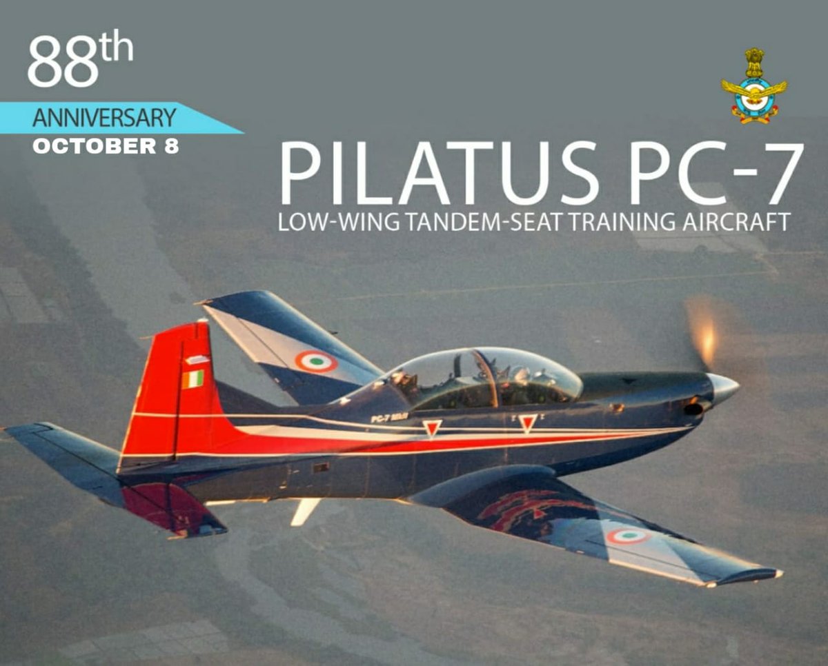 #AFDay2020: Pilatus PC-7 Mk-II is a turboprop, tandem seating, basic trainer aircraft of the IAF. It is equipped with glass cockpit, modern navigation aids and is used for ab-initio training of Flight Cadets at the Air Force Academy. 

#KnowTheIAF
#IndianAirForce