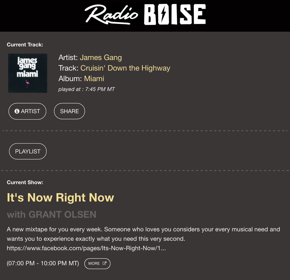 thepeoplesmikey's tweet photo. Oh shit! @mrgrantolsen got James Gang spinning on #ItsNowRightNow. Show some love by supporting @radioboise. You can do that by:
Texting KRBXGIVE to 44321
Calling 1(208)258-2072
And going online, at https://t.co/OLzpEuKngh https://t.co/zXPMSxoSN6