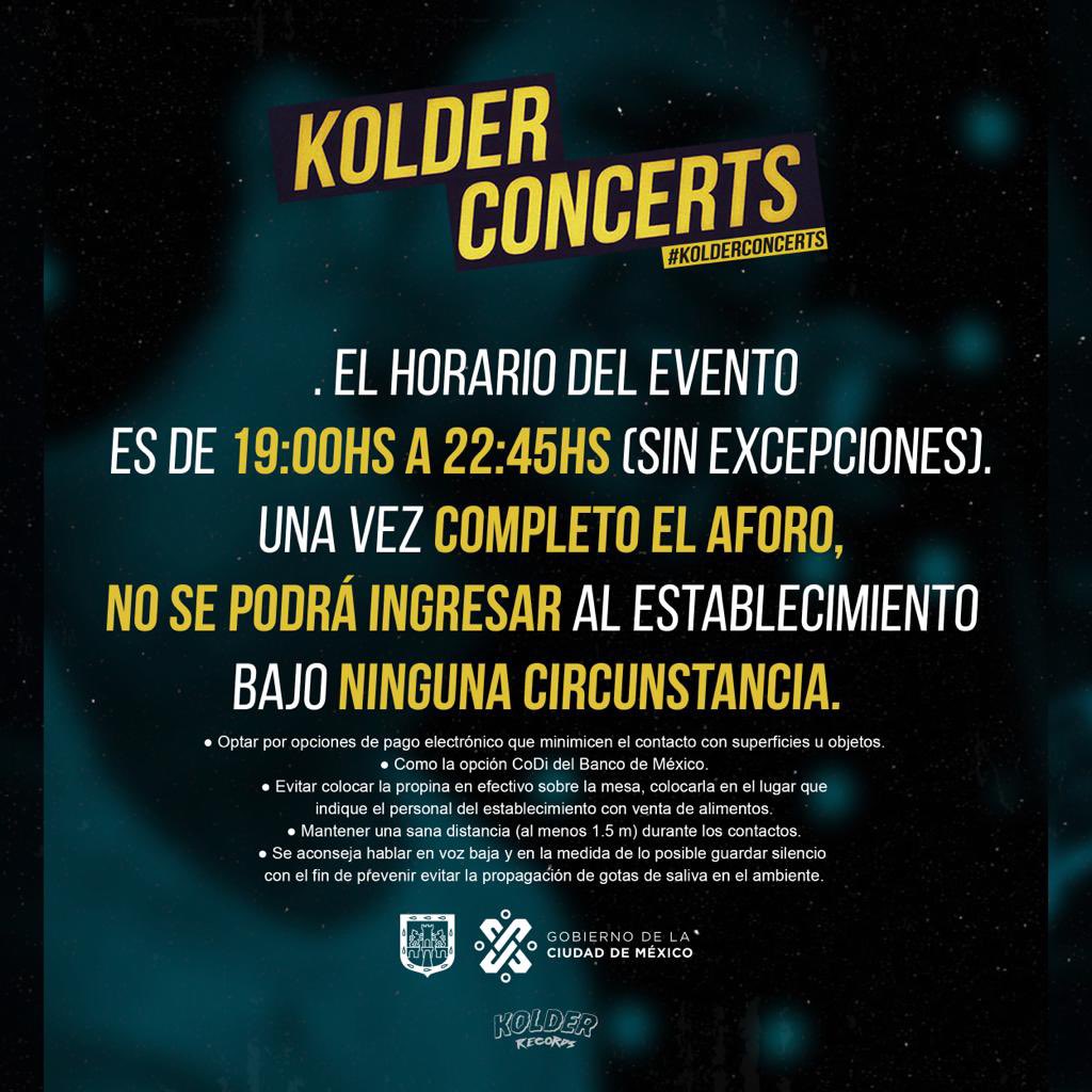 Kolder Concerts anuncian nuevas presentaciones con la nueva normalidad y siguiendo las indicaciones de las autoridades. 

Será 24 de octubre a partir de las 19hrs - 23hrs. 

Artistas invitados: Andrea Rosas, Jos Guzmán y Joey Benjamin.