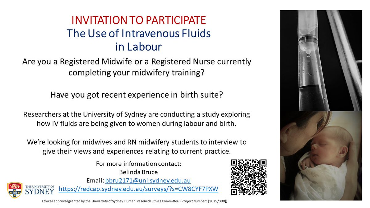 Call out to Australian Midwives and RN Midwifery Students: Looking to recruit #midwives working in the Australian private hospital system for a study about IV fluids in labour. Involves in-depth interview with <a href="/BelRBruce/">Bel Bruce</a> #INFiLL Respond via link redcap.sydney.edu.au/surveys/?s=CW8…