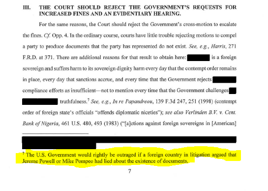 Some amazing highlights in the court record:In hindsight, Alston & Bird lawyers may have hinted about their client. They said the US doubting a foreign govt-owned company was as offensive as another nation questioning Jerome Powell (Fed chair) or Mike Pompeo (then-CIA chief)