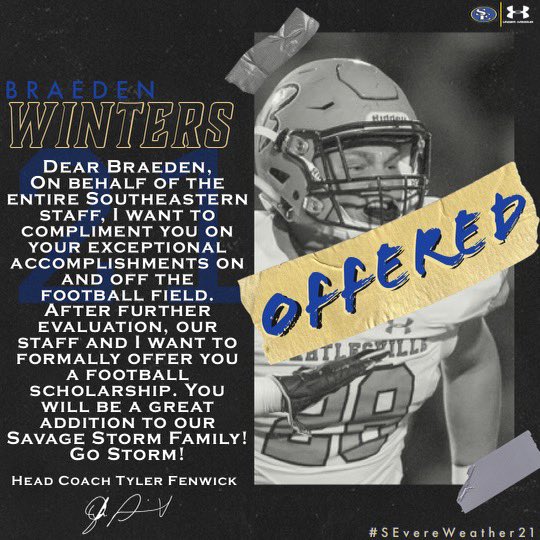 I am truly blessed and honored to have received an offer from <a href="/SavageStormFB/">Savage Storm Football</a>!!!  <a href="/GabeEliserio/">Coach Gabe Eliserio</a> <a href="/coachjsport/">Jason Sport</a> <a href="/RecruitBruinFB/">Recruit Bartlesville FB</a> <a href="/BartlesvilleFB/">Bartlesville Bruin Football</a> <a href="/TylerFenwick2/">Tyler Fenwick</a>